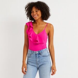 Tea & Cup Hot Pink One-Shoulder Ruffle Bodysuit – Size M AR17